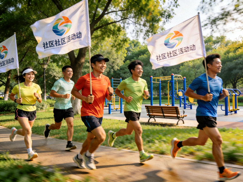 一群跑步爱好者在公园里一起快乐奔跑的社区活动场景