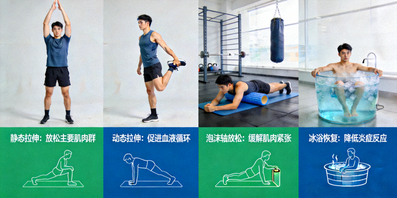 运动员在训练后进行科学拉伸和恢复的示意图